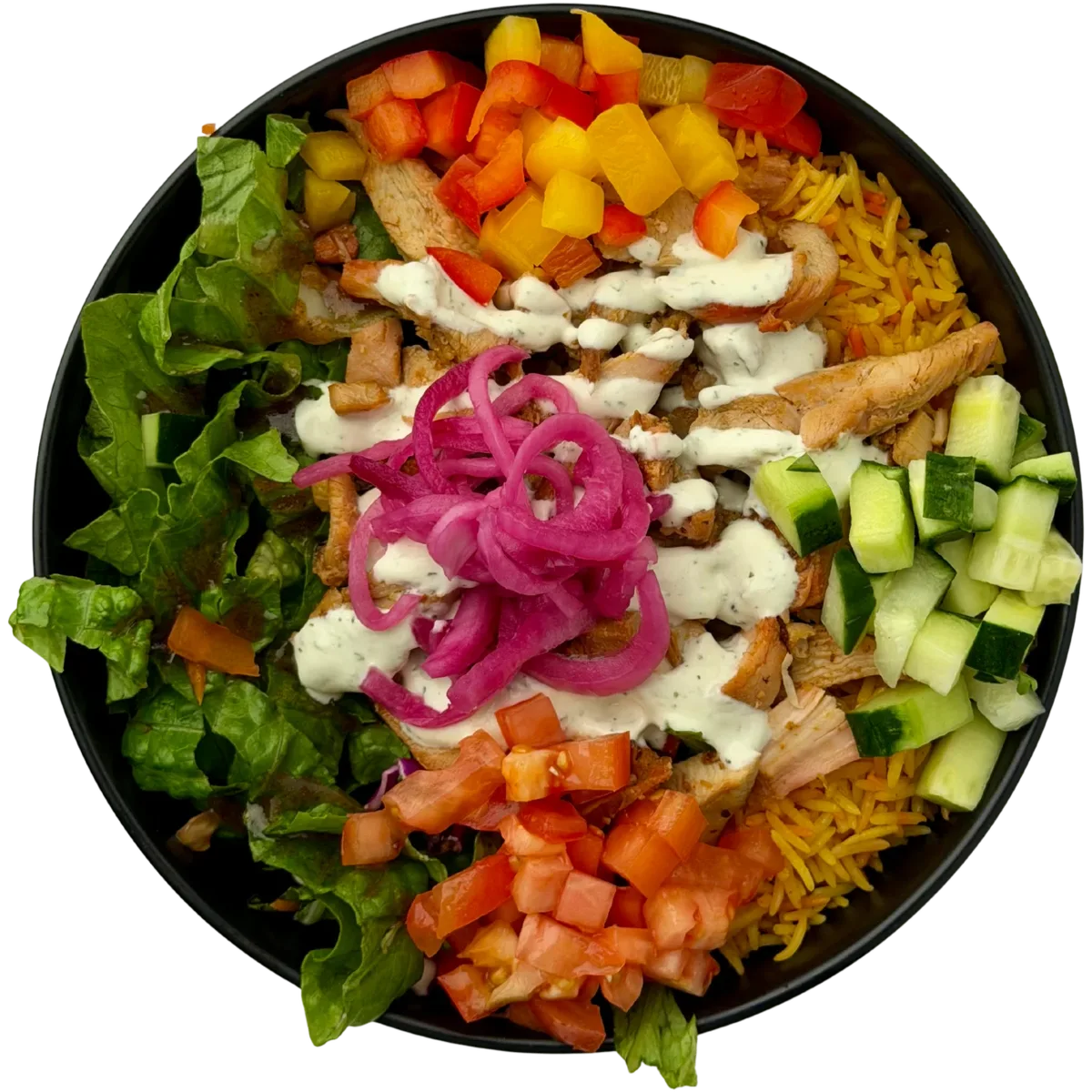 ZORR Bowl: saffron rice, chicken, mint yogurt sauce, pickled onion and fresh vegetables